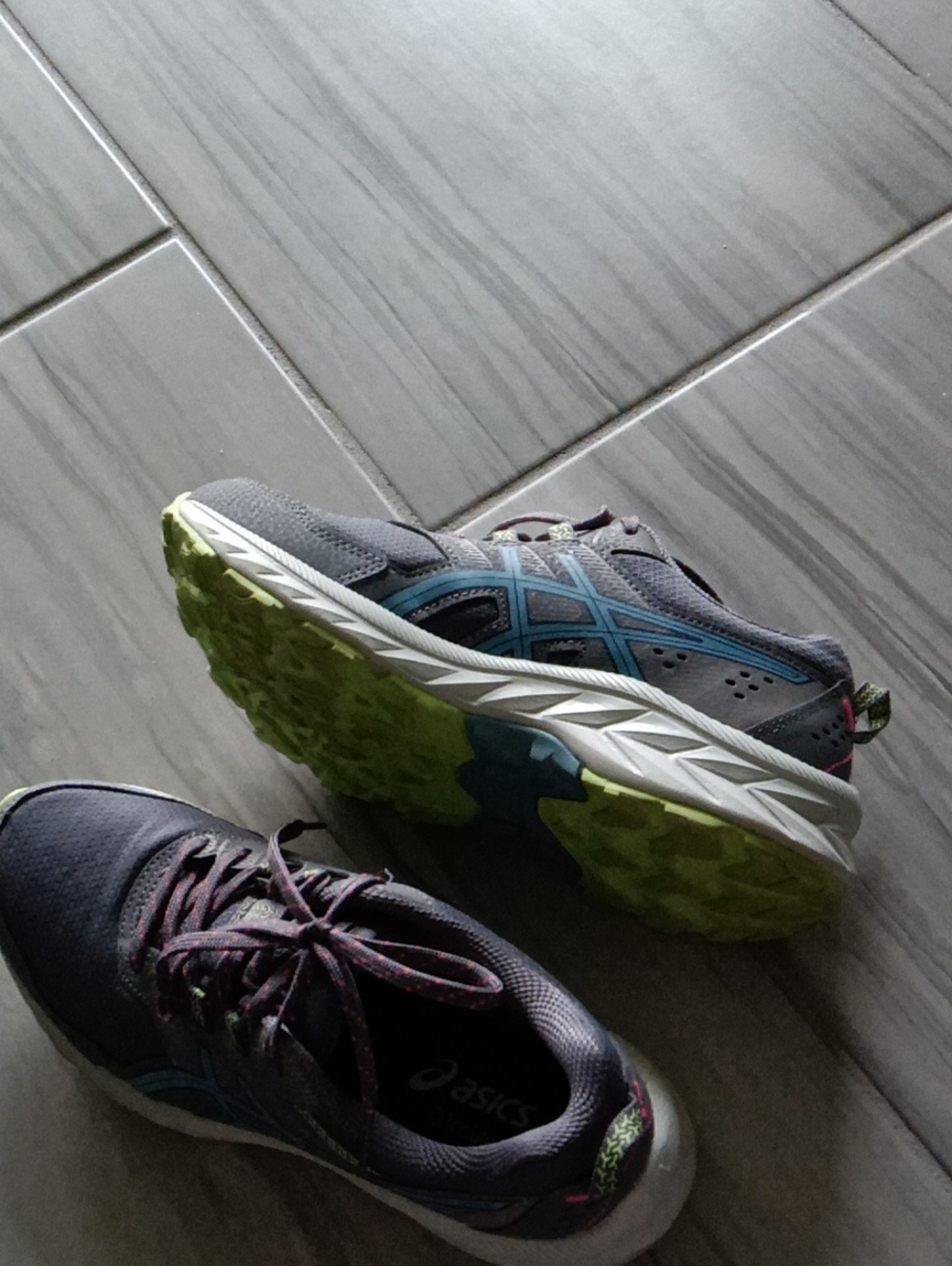 Asics Women's Gray Blue Athletic Running Shoes with Lime Green Soles